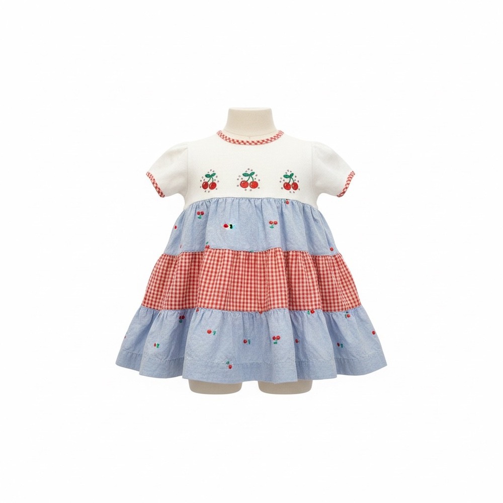 VTG Baby Girls Cherry Ruffle Tiered Dress White Blue/Red Gingham Summer 6 Month - Picture 1 of 5